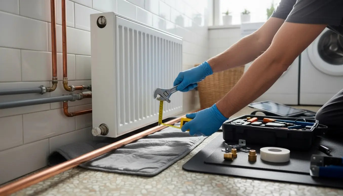 En tekniker flytter en radiator i bryggers med synlige rør og værktøj.