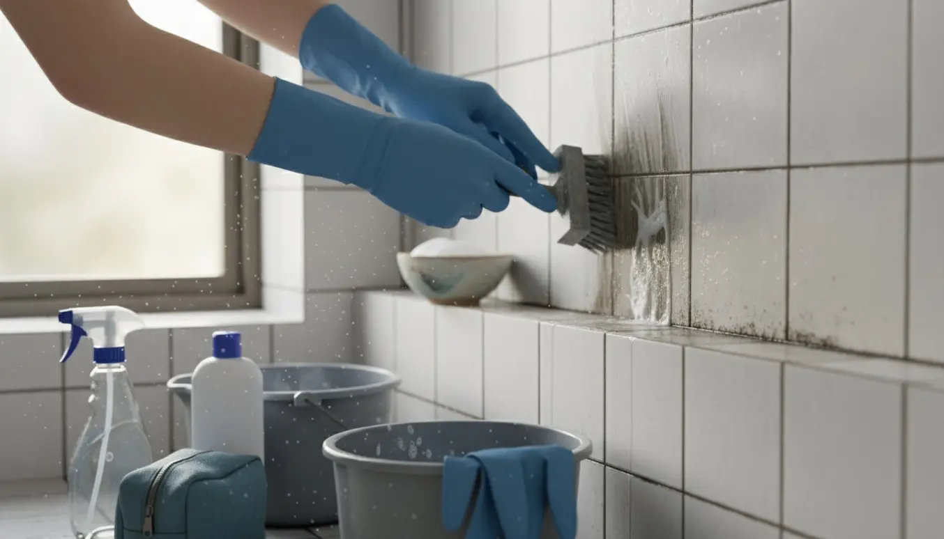 Nærbillede af hænder i gummihandsker, der skrubber mørke fuger i et lille badeværelse med rengøringsmidler ved siden af.