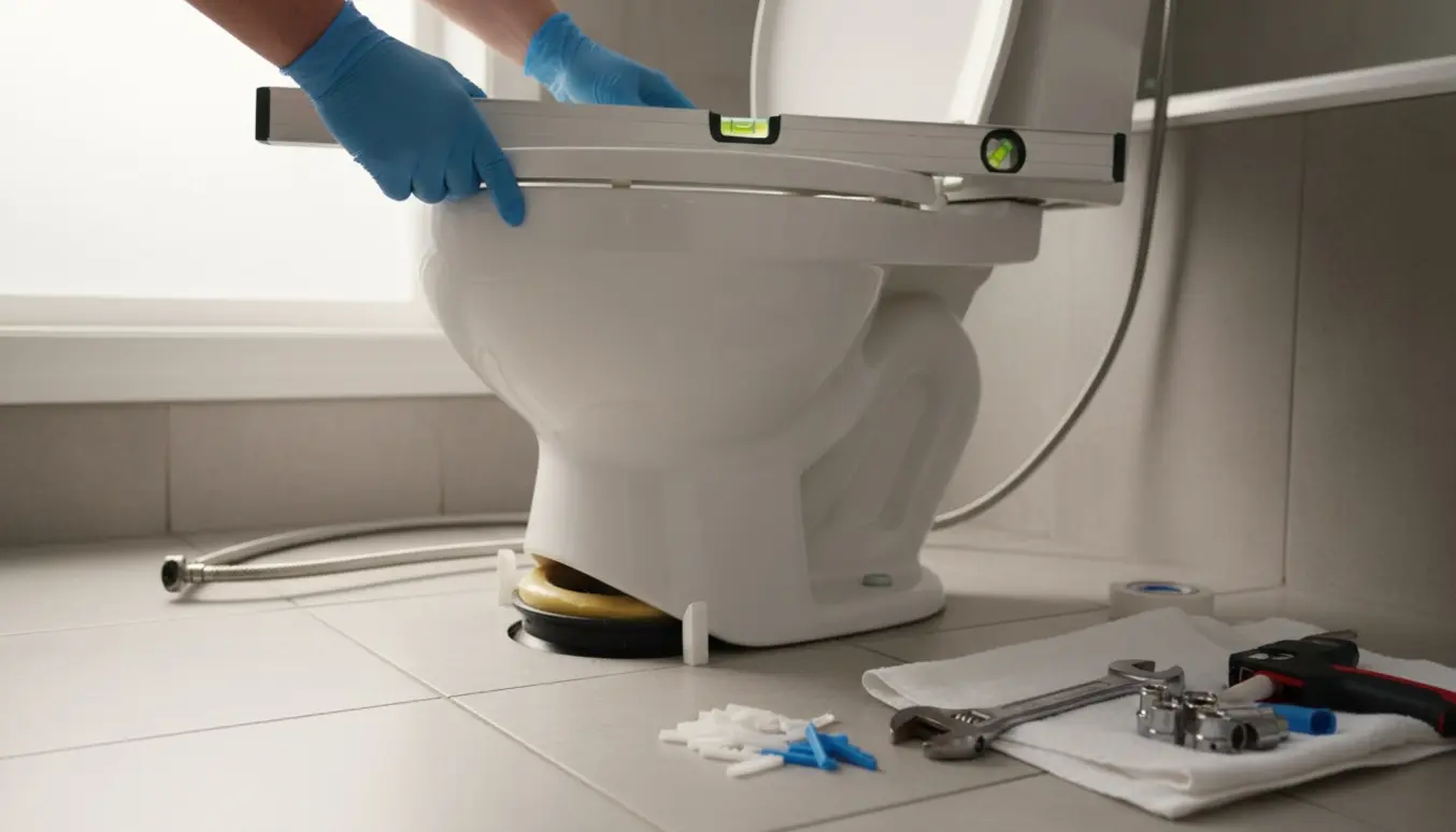 Nærbillede af et toilet under montering med hænder, der sætter kiler under toilettet for at rette en lille hældning.
