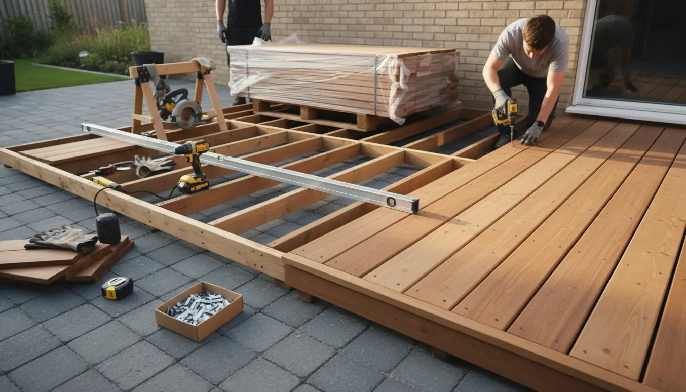 Delvist færdig træterrasse lagt ovenpå en fliseterrasse med værktøj og materialer.