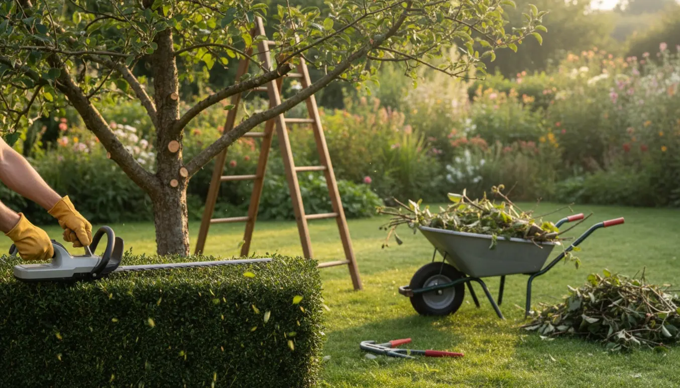 Hækkeklipning og beskæring af frugttræ i en solrig have med værktøj og stige.