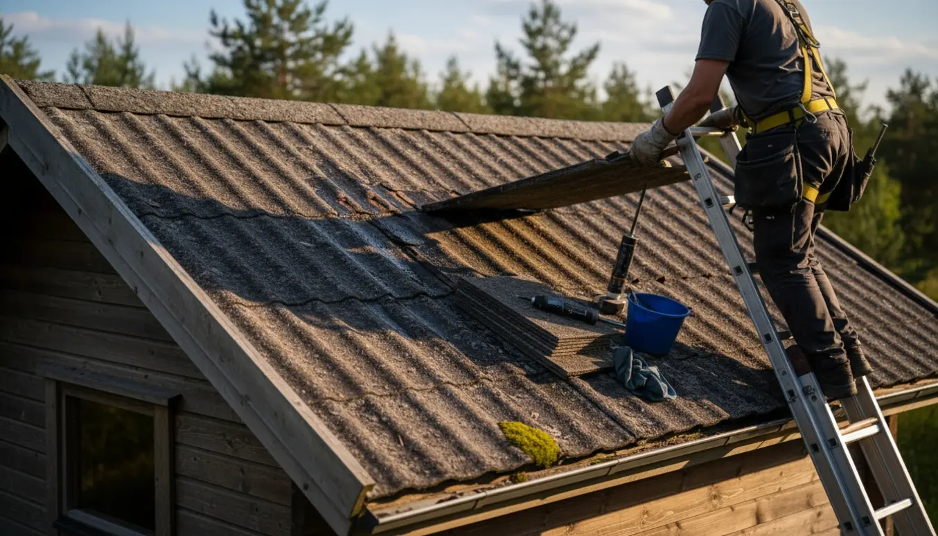 Sommerhustag i skifereternit hvor en håndværker set fra siden udskifter en utæt, revnet plade.