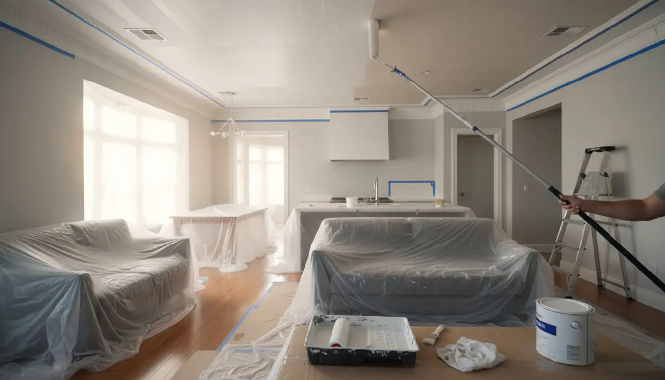 Åben stue/køkken med loft delvist malet, møbler dækket med plastik og malerudstyr klar.