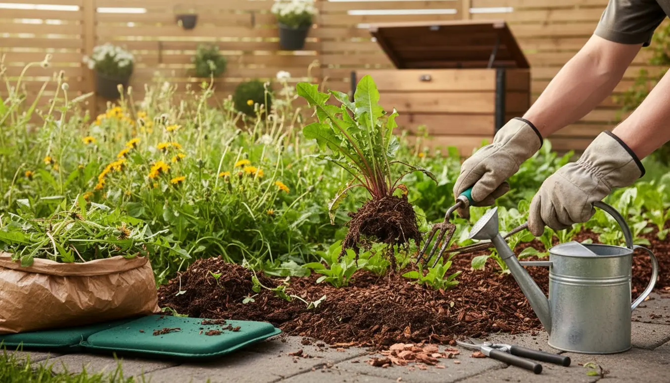 Nærbillede af behandskede hænder, der fjerner ukrudt fra en køkkenhave med håndredskaber i blødt morgendlys.