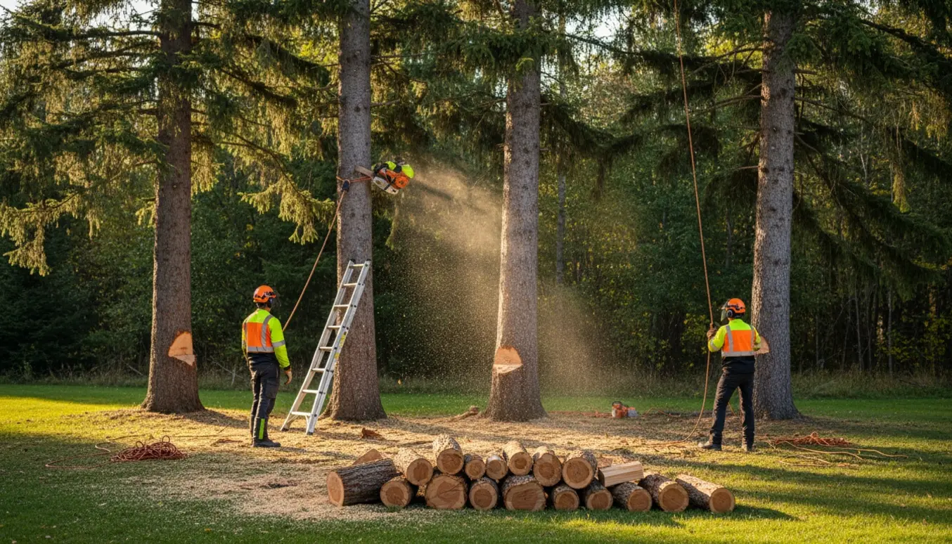 To arborister skærer tre tætstående grantræer i sektioner ved en stak brænde.