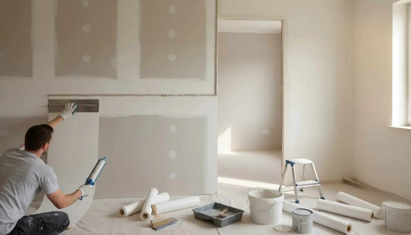 Hænder sætter filt op på en nyslebet gipsvæg mens en fugepistol og malerudstyr ligger klar i et lyst rum.