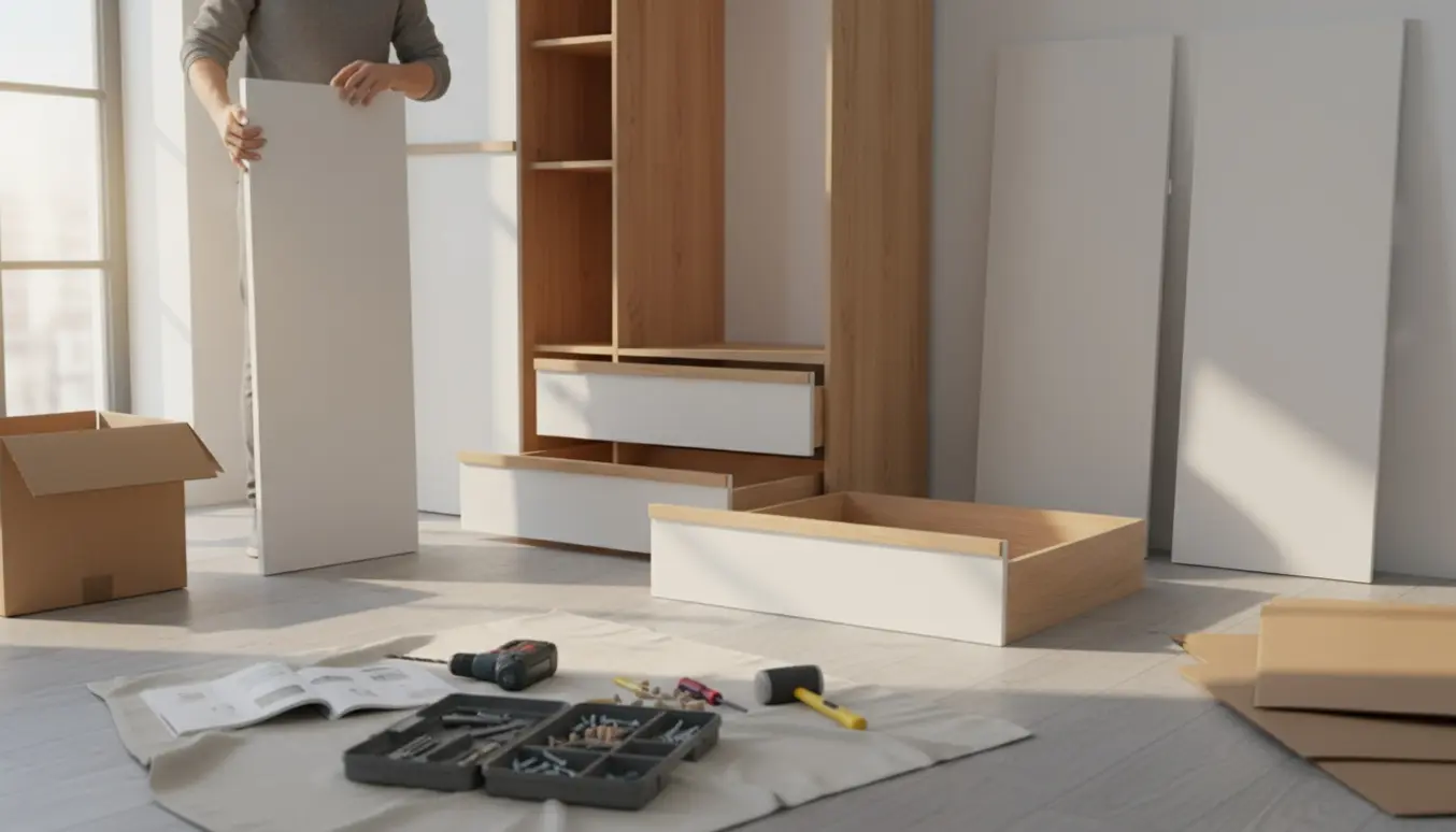 Delvist samlet hvidt garderobeskab med egetræsfinish, værktøj og åbne skuffer i et lyst soveværelse.