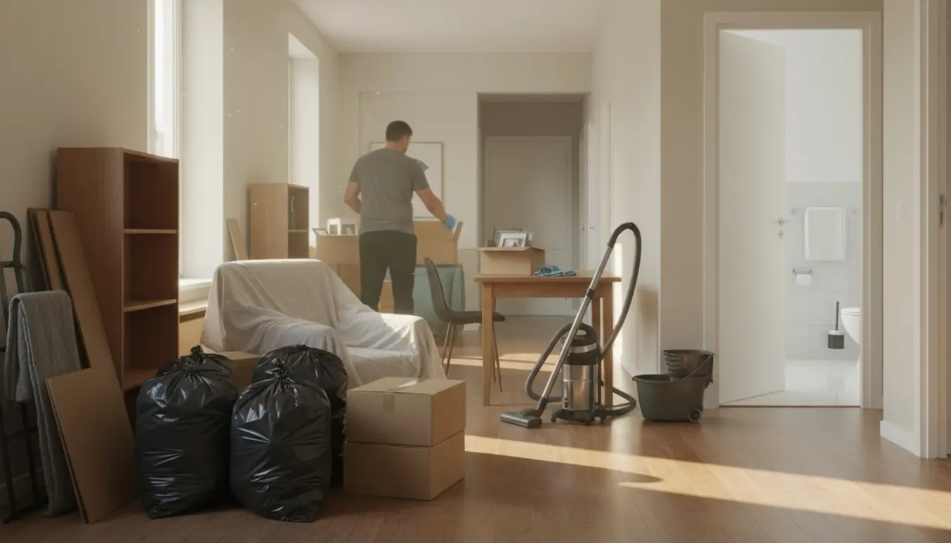 Oprydning og rengøring af dødsbo med møbler, sorte affaldssække og rengøringsudstyr i en lys lejlighed.