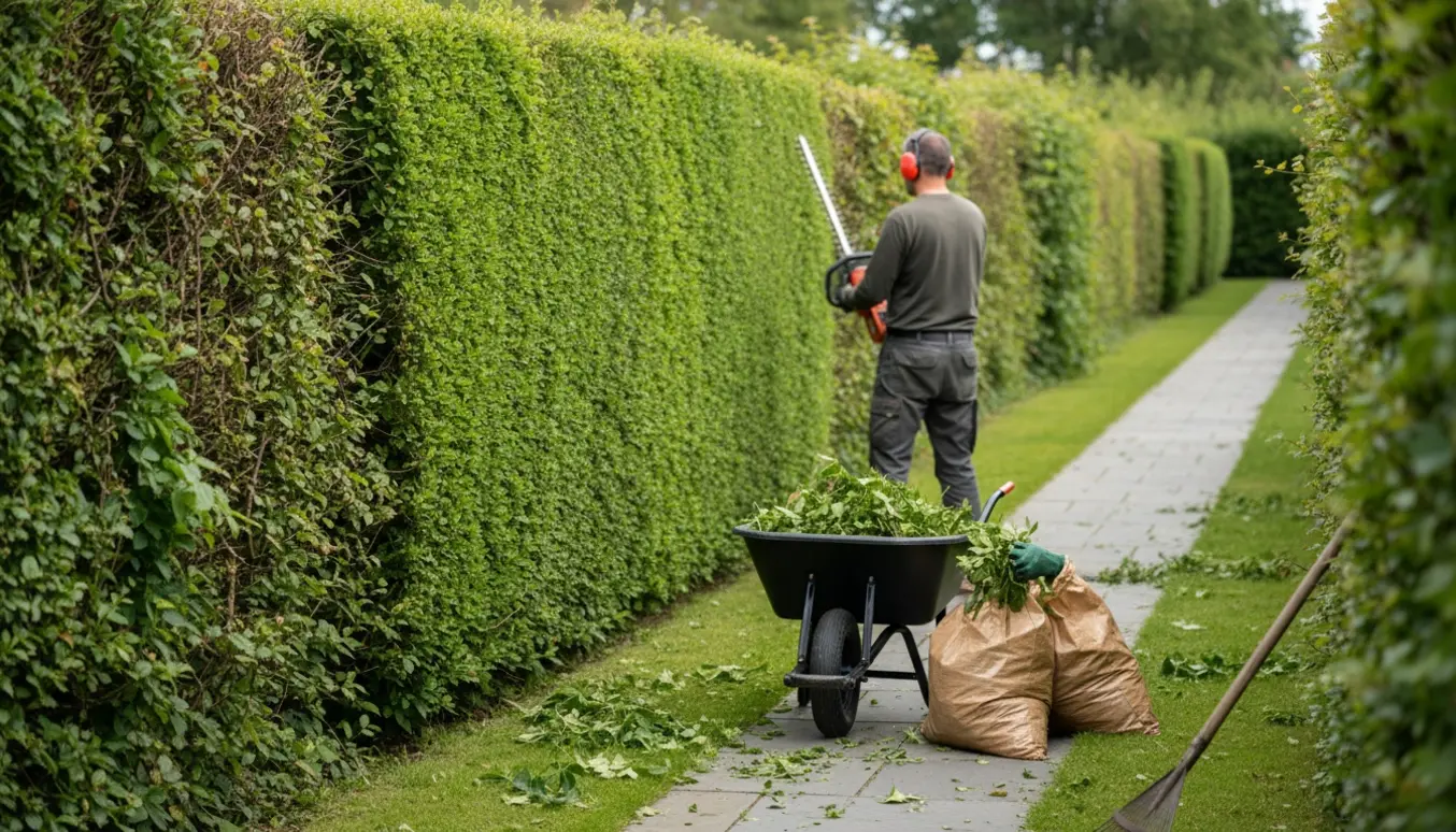 Person trimmer den ene side af en cirka 2 m høj hæk ved en havegang, med klippeaffald i en trillebør.