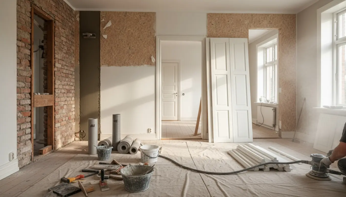 Interiør under renovering med puds- og malerarbejde, spartlede vægge, filt, paneler og værktøj.