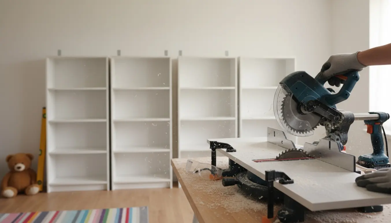 Hænder tilskærer en reolforhøjning ved et arbejdsbord, mens fire hvide reoler er monteret fra gulv til loft og fastgjort til væggen.