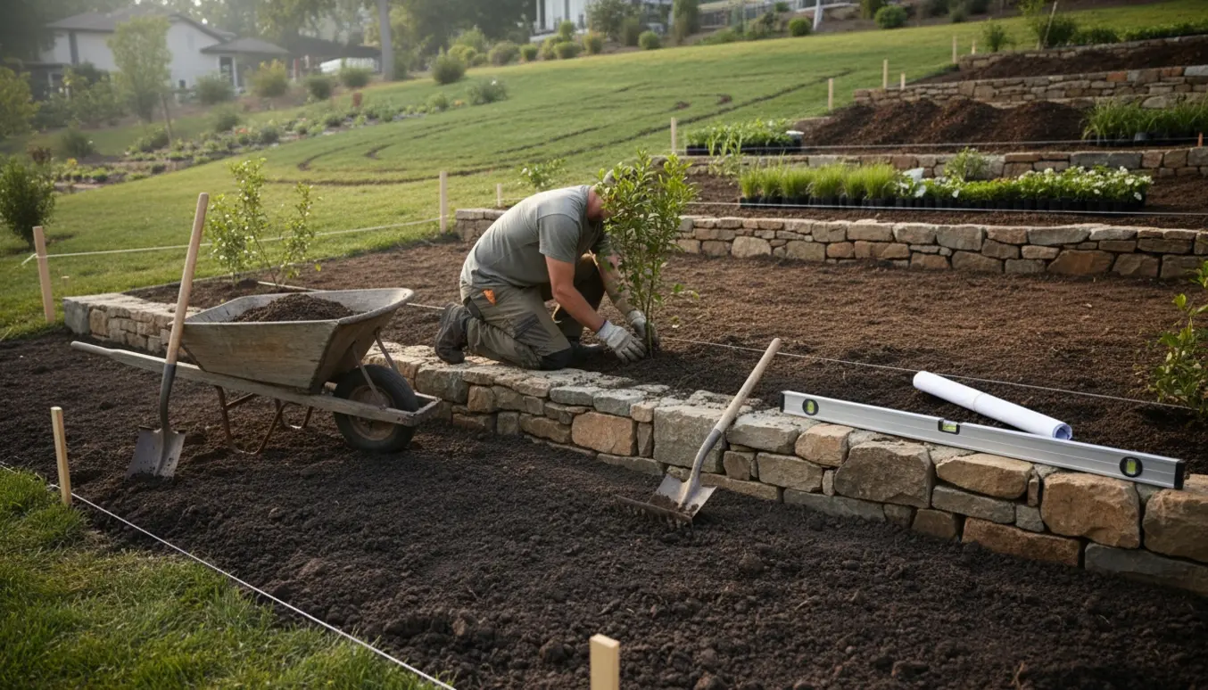 Anlægsgartner anlægger terrassebed på en skrå grund med jord, sten og værktøj.