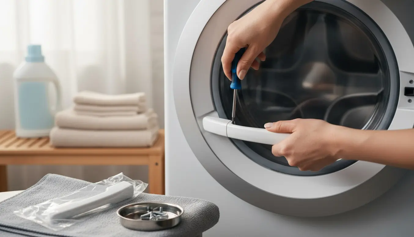 Nærbillede af hænder, der monterer et nyt dørhåndtag på en frontbetjent vaskemaskine med værktøj ved siden af.