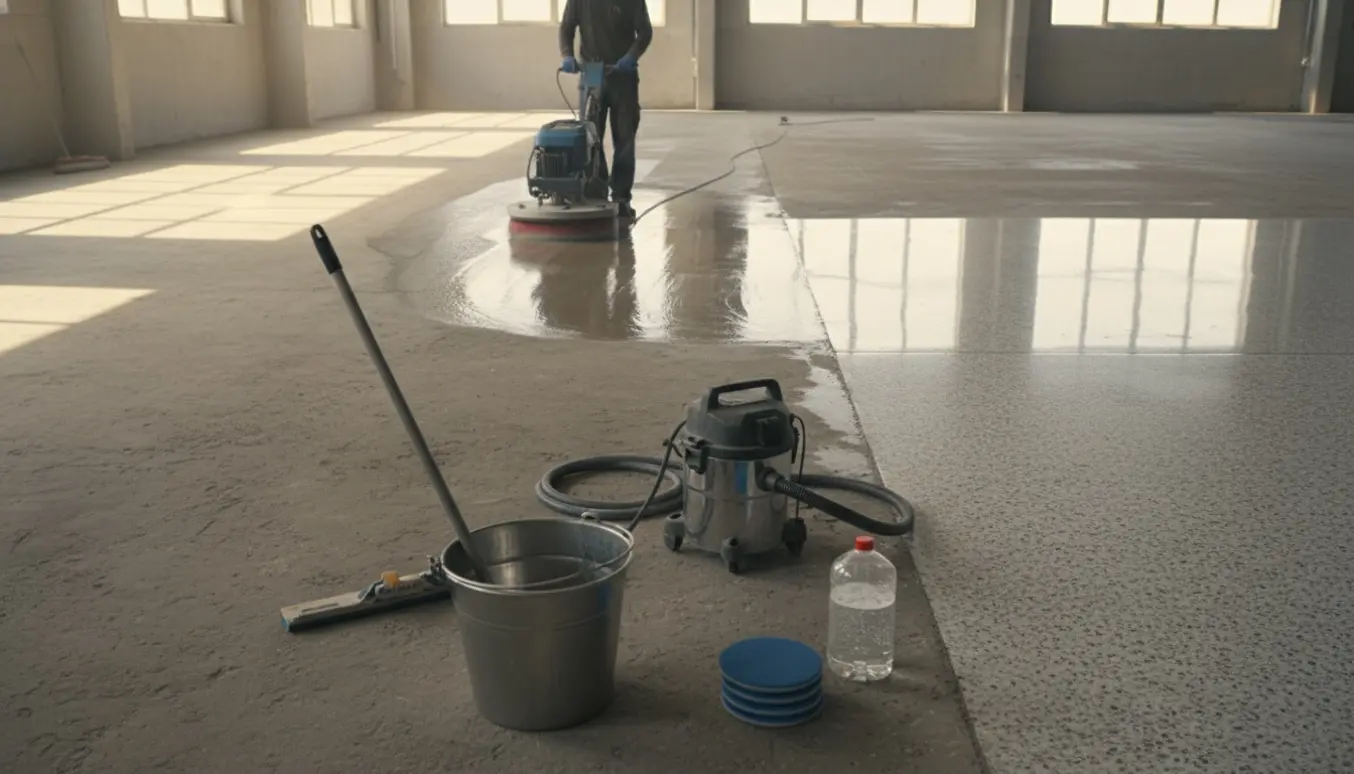 Professionel gulvvask i en industribygning med maskine, moppe og udstyr, der renser epoxy- og cementgulv.