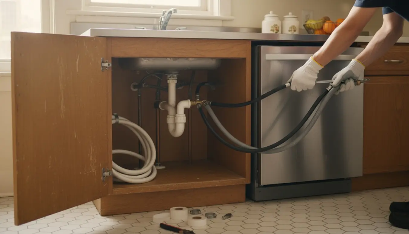 Hænder forbinder opvaskemaskinens slanger under køkkenvasken i en ældre lejlighed med værktøj og rør synlige.