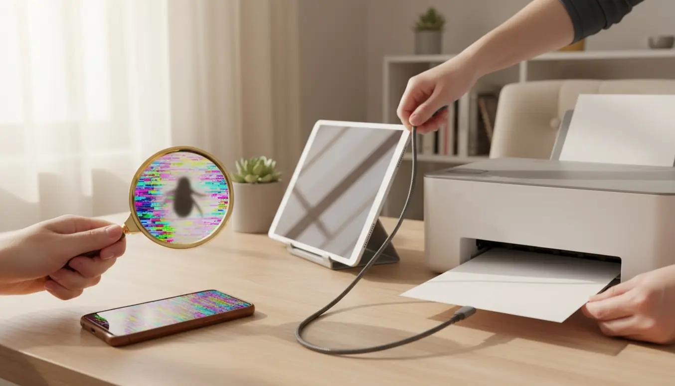 Nærbillede af en telefon med skærmfejl og hænder, der tilslutter en tablet til en printer.