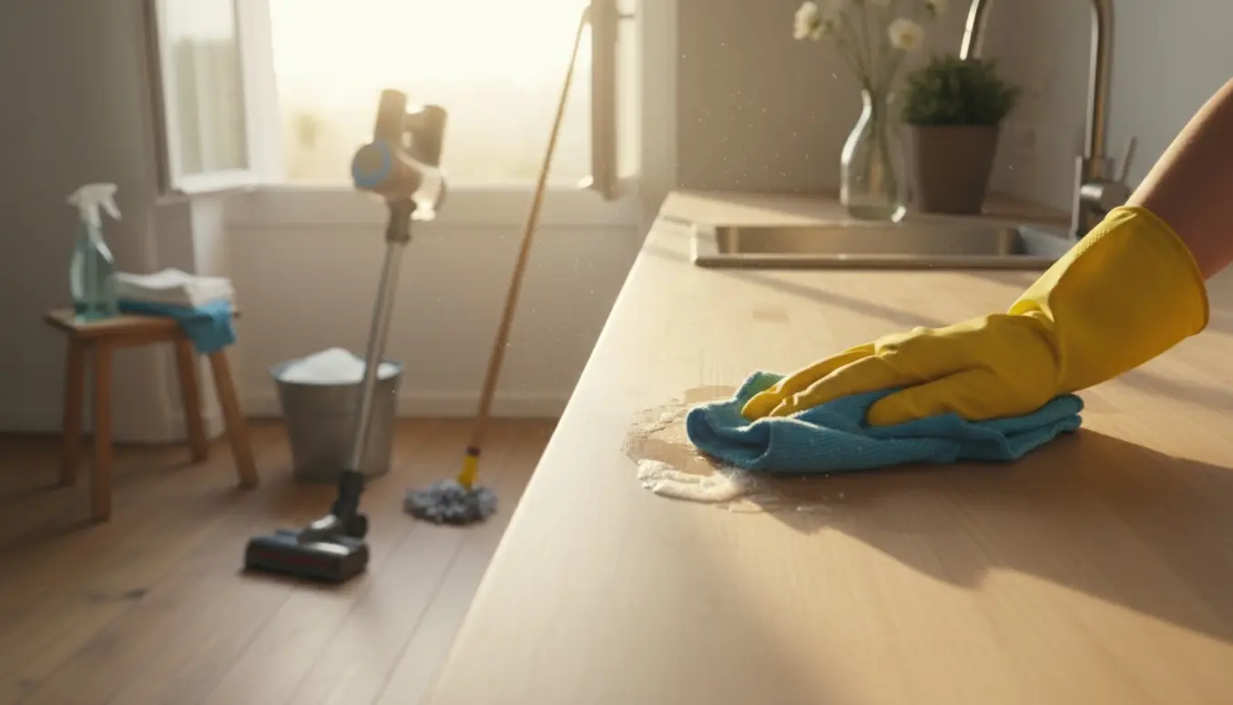 Hænder i gule handsker tørrer en køkkenbordplade med microfiberklud, med moppe, spand og støvsuger i baggrunden.