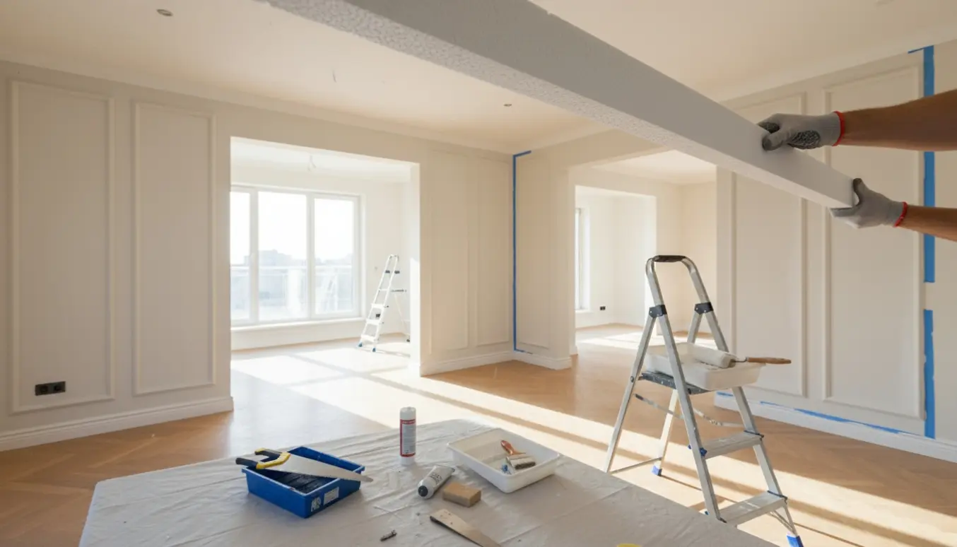 Stue under renovering med flamingo-stuk og høje paneler, værktøj og stige i naturligt dagslys.