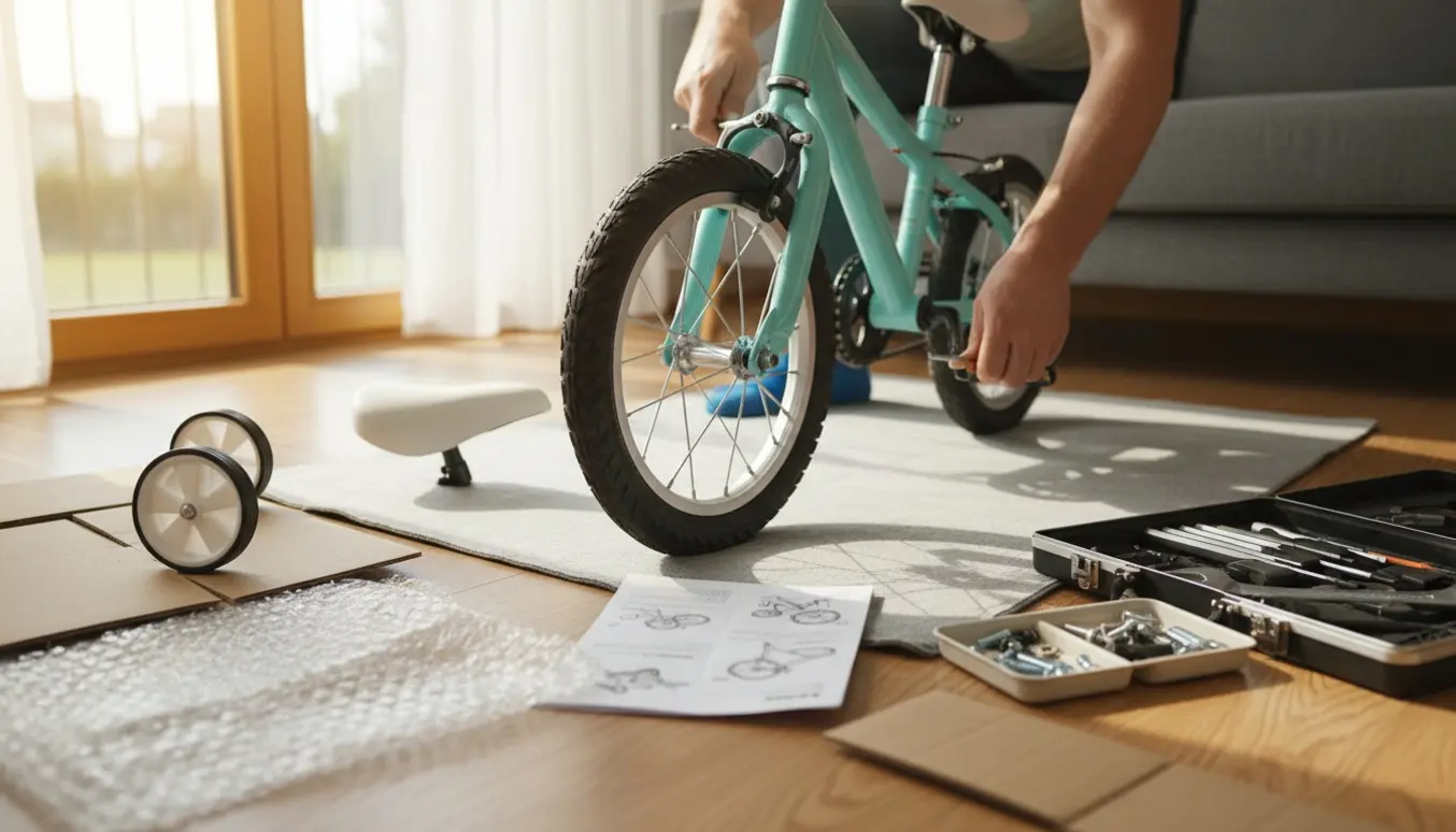 Hænder samler en ny mintblå børnecykel i et lyst værksted med værktøj og emballage omkring.