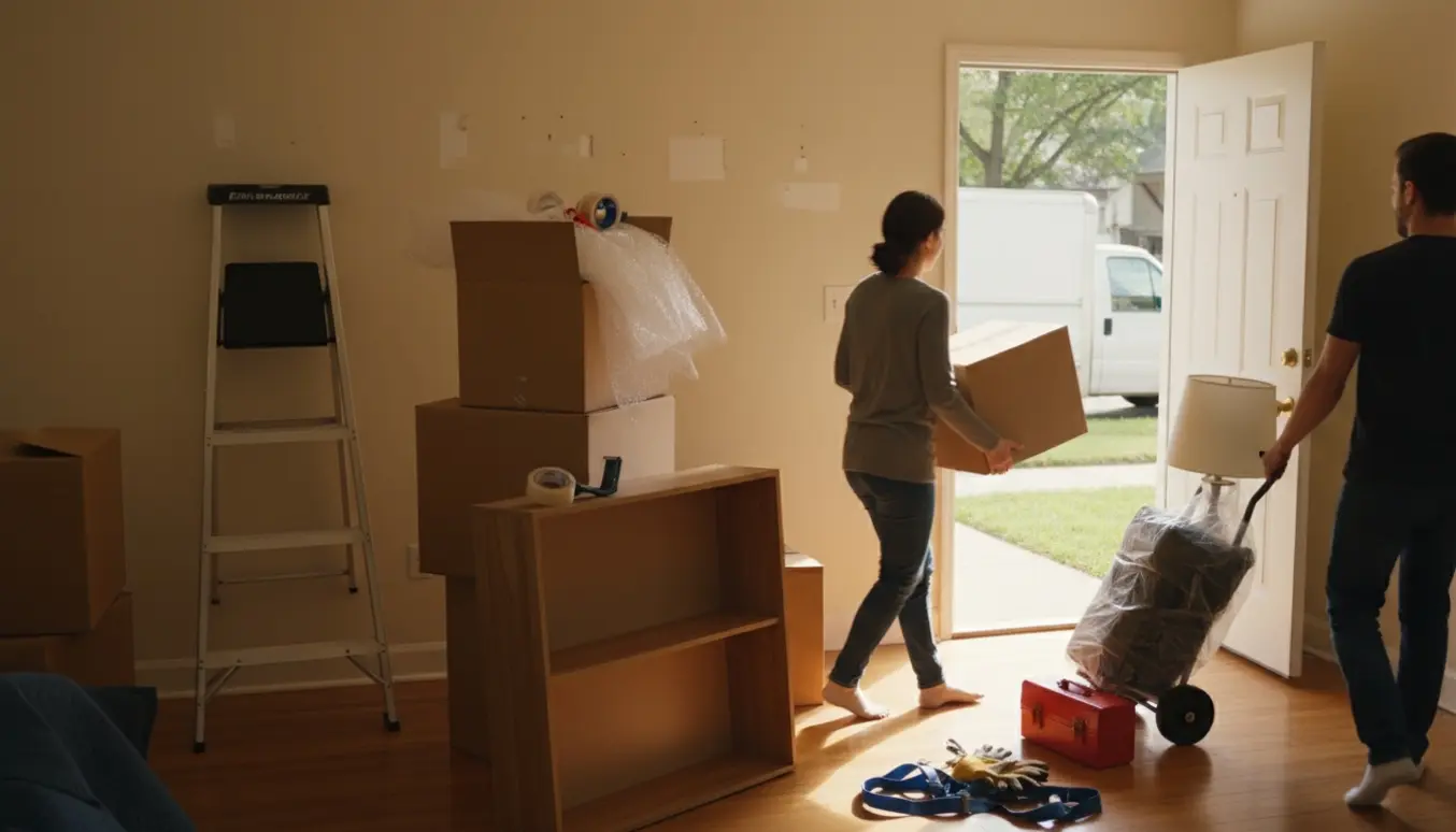 Personer bærer kasser ud af en lejlighed med en høj stige og pakkematerialer klar til flytning.