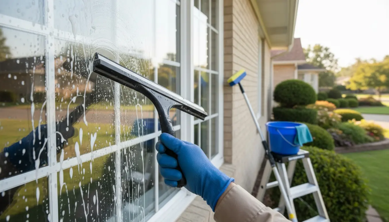 Udvendig vinduespudsning af et 1-plans parcelhus med en person i handsker, der bruger en vinduessvaber og spand.