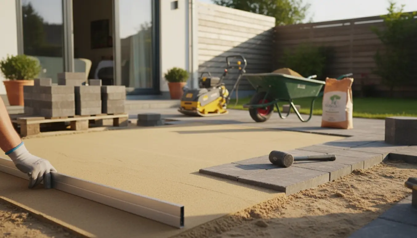 Nærbillede af en terrasse under afretning med fliser, sand og værktøj i naturligt lys.