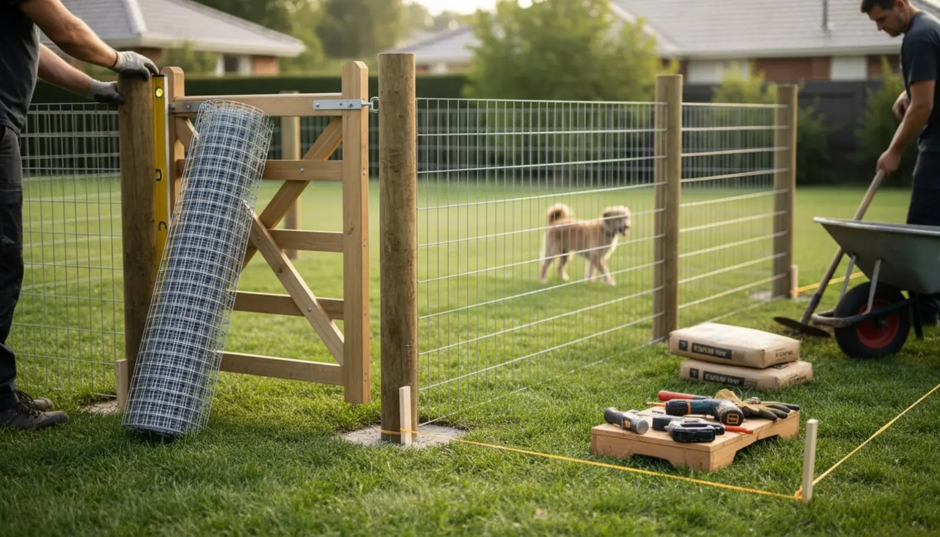 Etablering af hundelegeplads med træpæle, rionet og en ca. 150 cm høj havelåge på et fælles græsareal.