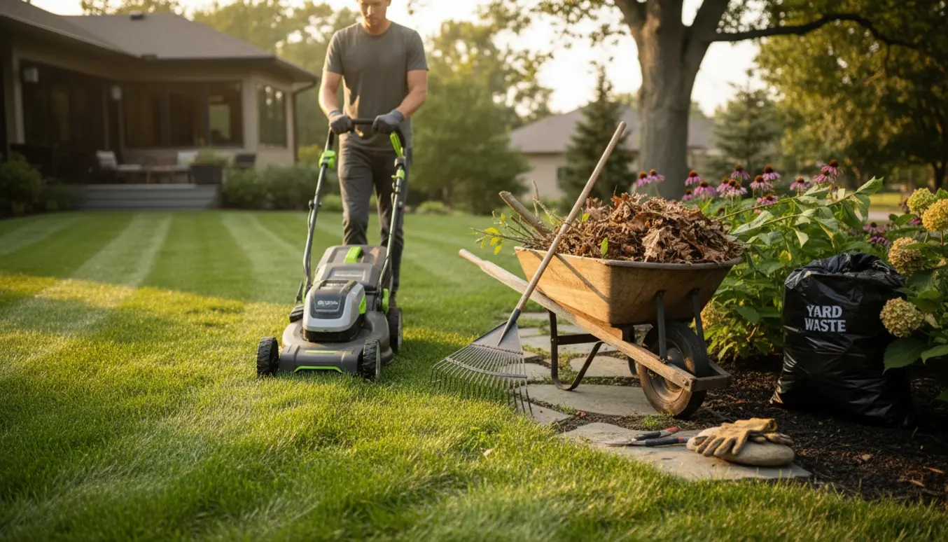 Rygvendt person slår græsset med plæneklipper i en veltrimmet have med rive og trillebør.