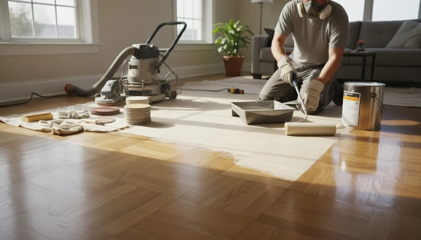 Parketgulv under professionel afslibning med slibemaskine og et nylakeret, blankt spor i et lyst rum.