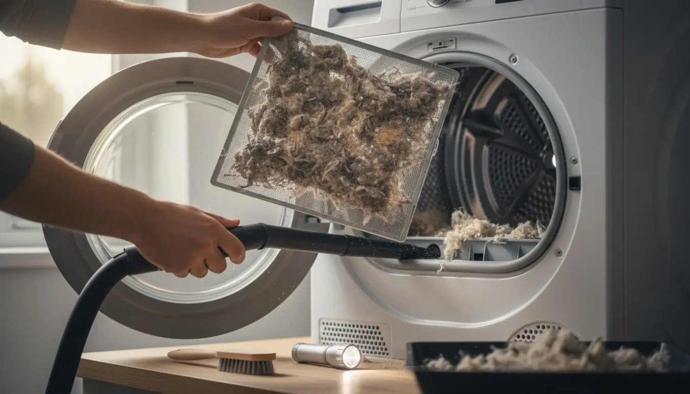 Hænder fjerner et snavset fnugfilter fra en åben tørretumbler med støvsugermundstykke og børste ved siden af.