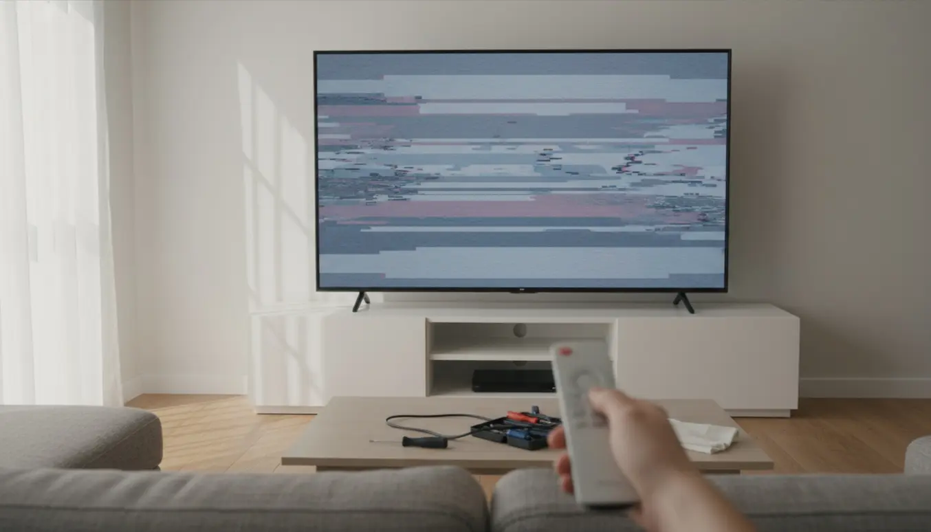 Fladskærms-tv med tydelige horisontale farvestriber i en stue, fjernbetjening og værktøj på bordet.