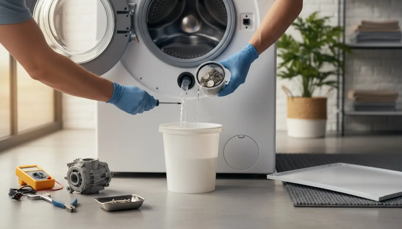 Åben frontvaskemaskine under reparation, vand i tromlen og teknikerens hænder tømmer vandet med slange og reservedele ved siden af.
