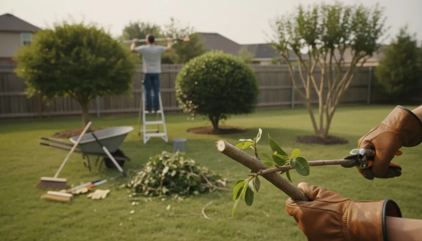 To-tre træer beskæres i en baghave med klippede grene og haveredskaber på græsset.