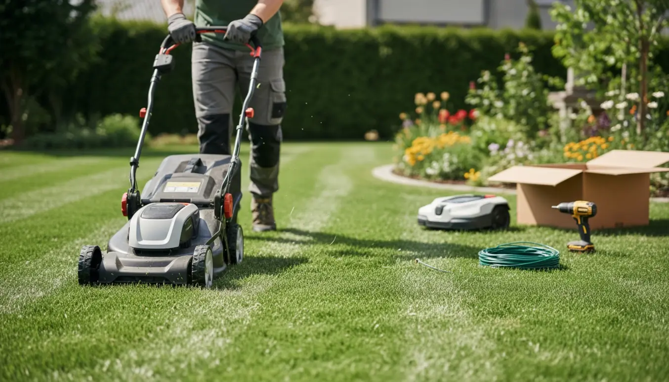 Nærbillede af en person, der foretager første plæneklipning med en push-plæneklipper, mens en robotplæneklipper og ladestation står i baggrunden.