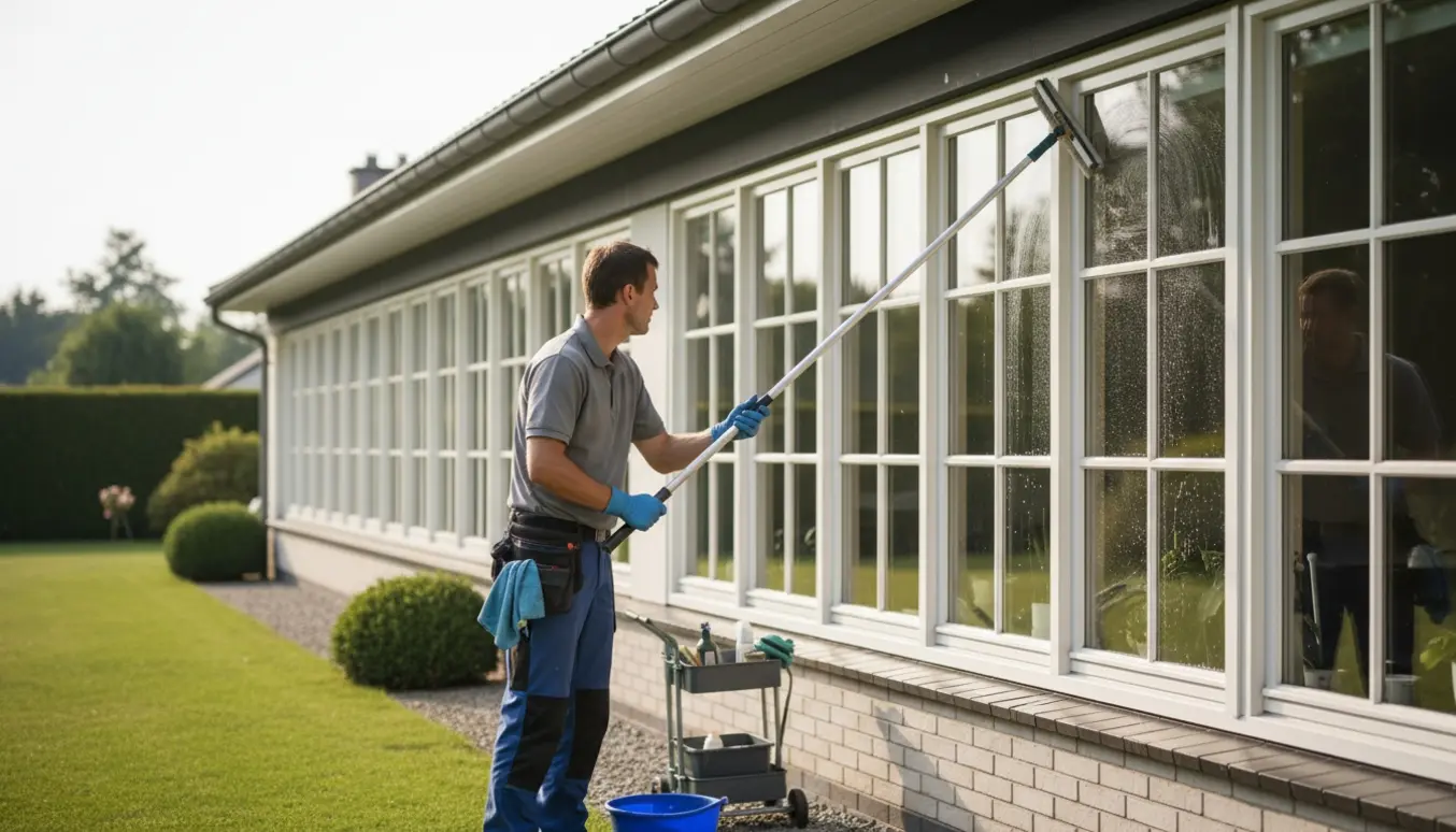 Erfaren vinduespudser renser ruderne på en éetplansvilla fra jorden med teleskopstang.