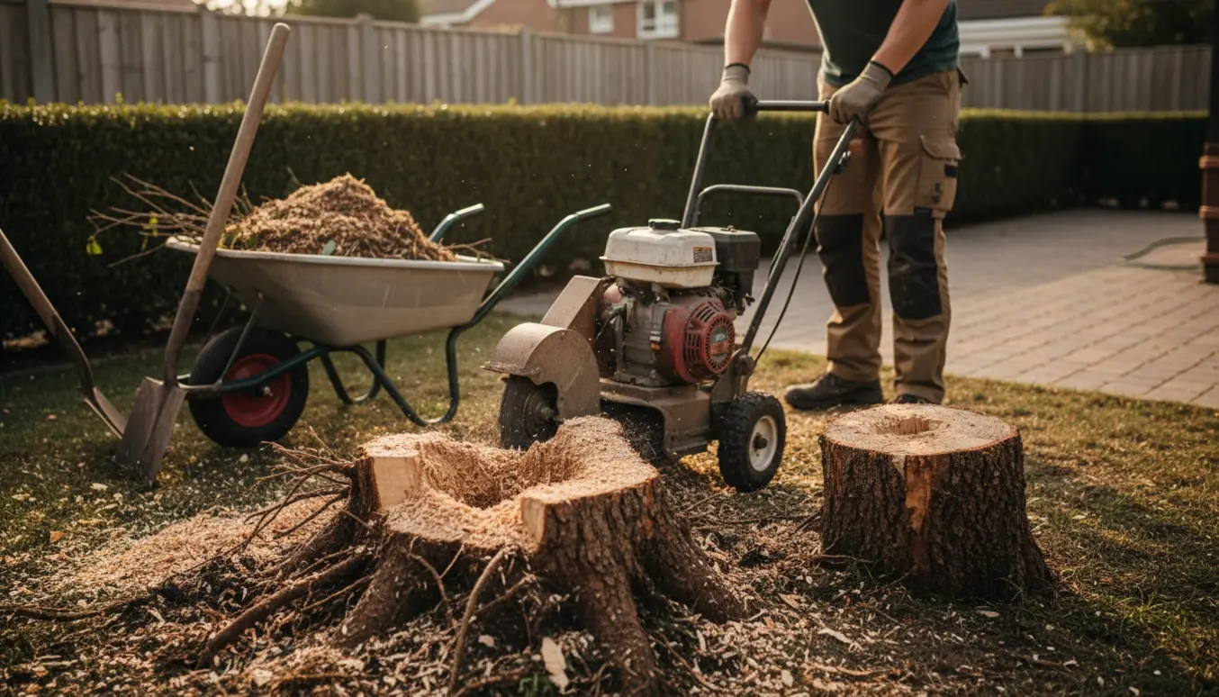 En håndværker fjerner en hækstub med en stubfræser i en baghave omgivet af træflis.