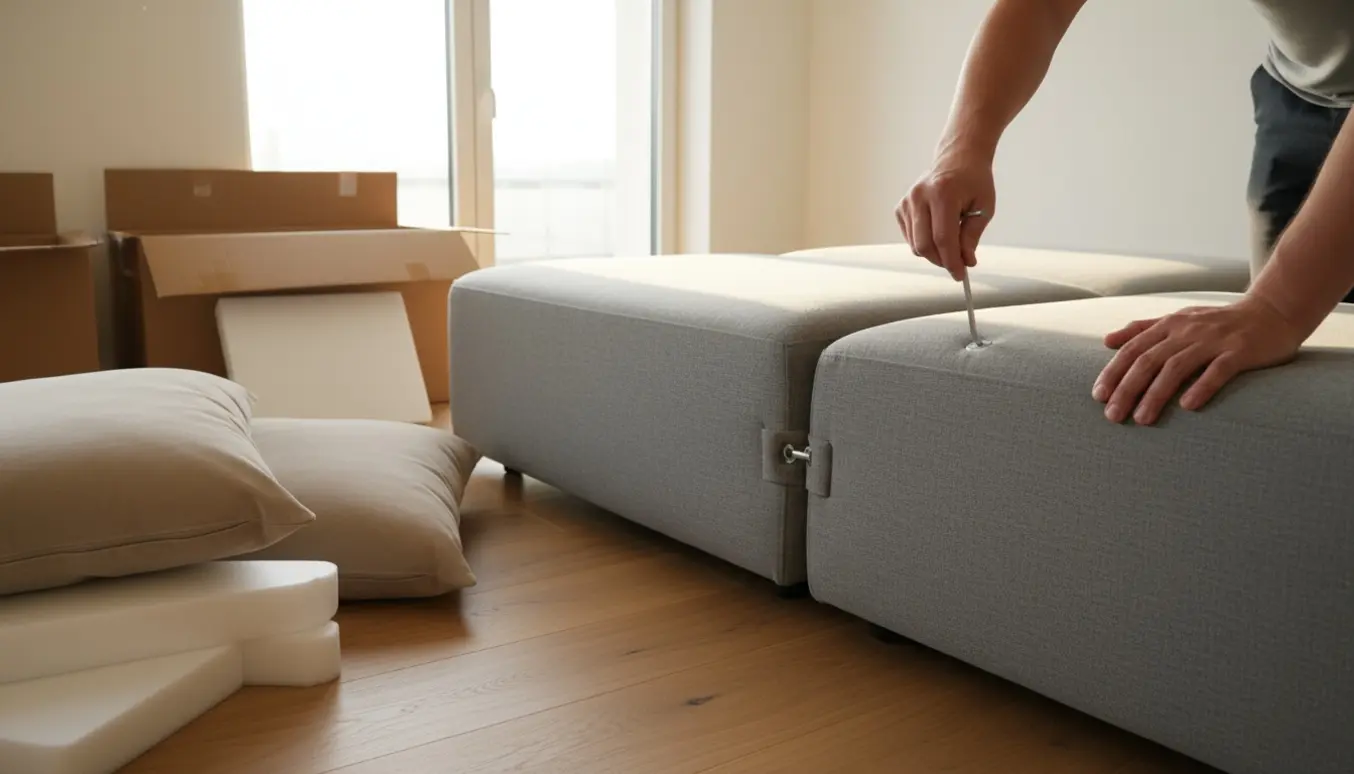 Hænder samler en seks-personers modulsofa i en lys, moderne stue.