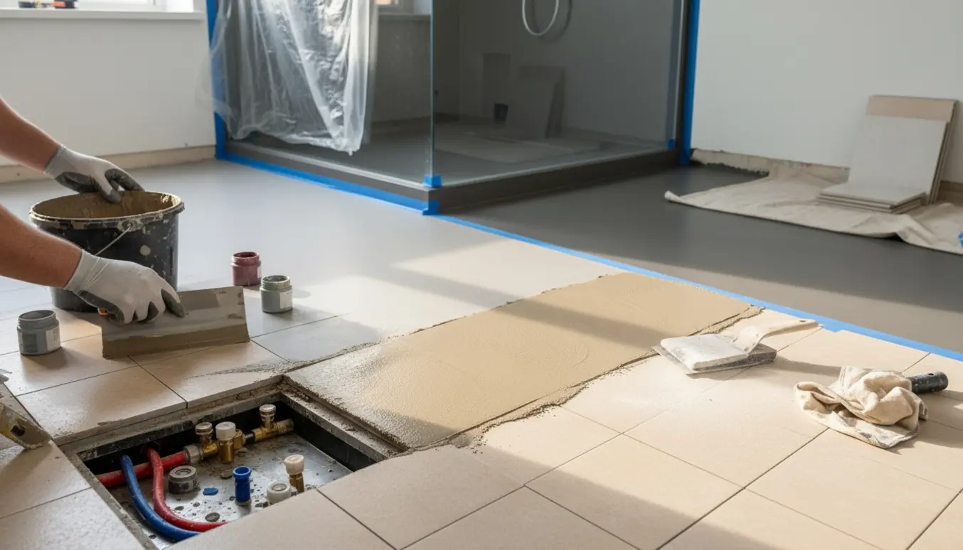 Glævede hænder glatter mikrocement i tre farver på tidligere flisegulve og i en brusekabine.