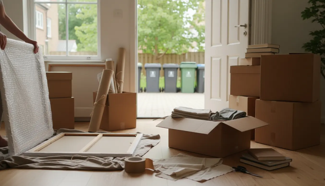 Hænder pakker ejendele og ruller lærreder i papkasser i en lejlighed med storskrald udenfor.