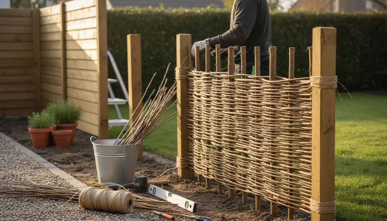 Halvt opsat pileflethegn mellem to haver med handsker og værktøj ved arbejdet.