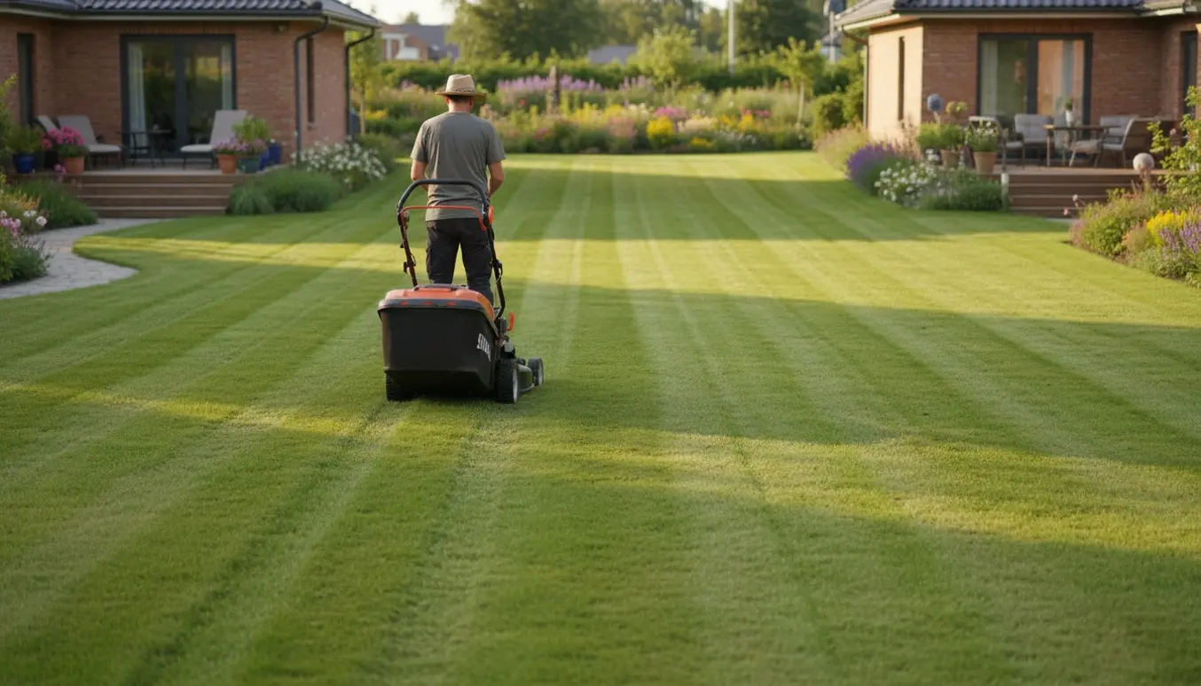 En person set bagfra klipper en stor græsplæne med bioklip i en have med to huse, terrasser og randbeplantning.