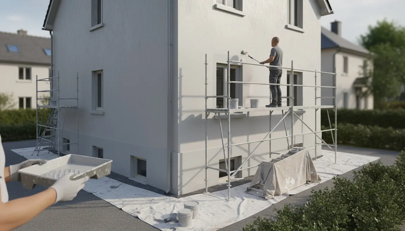 Udvendig maling af hjørnet på et 3‑etagers enderækkehus i lys grå med stillads, ruller og afdækning, person fotograferet uden synligt ansigt.