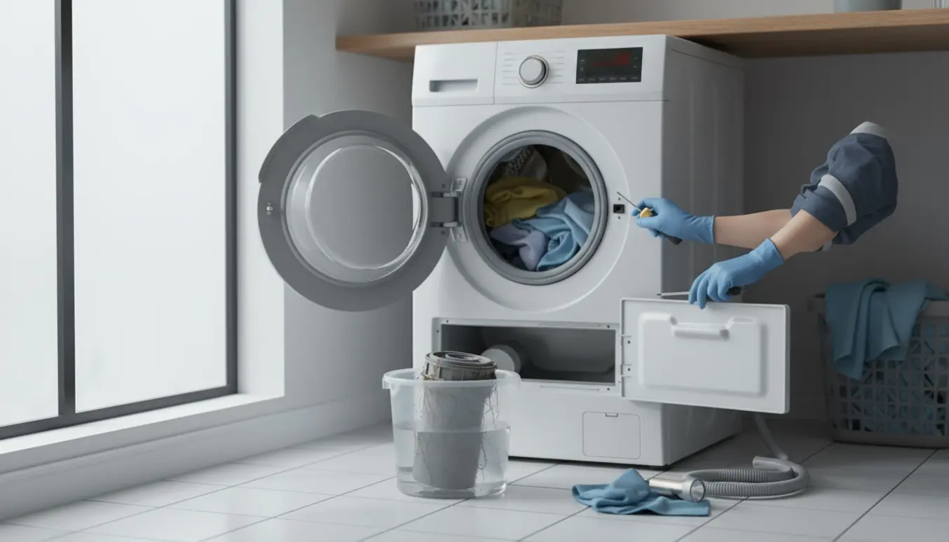 Åben vaskemaskine med vand i tromlen, filter fjernet og handsker samt værktøj ved siden af en spand.