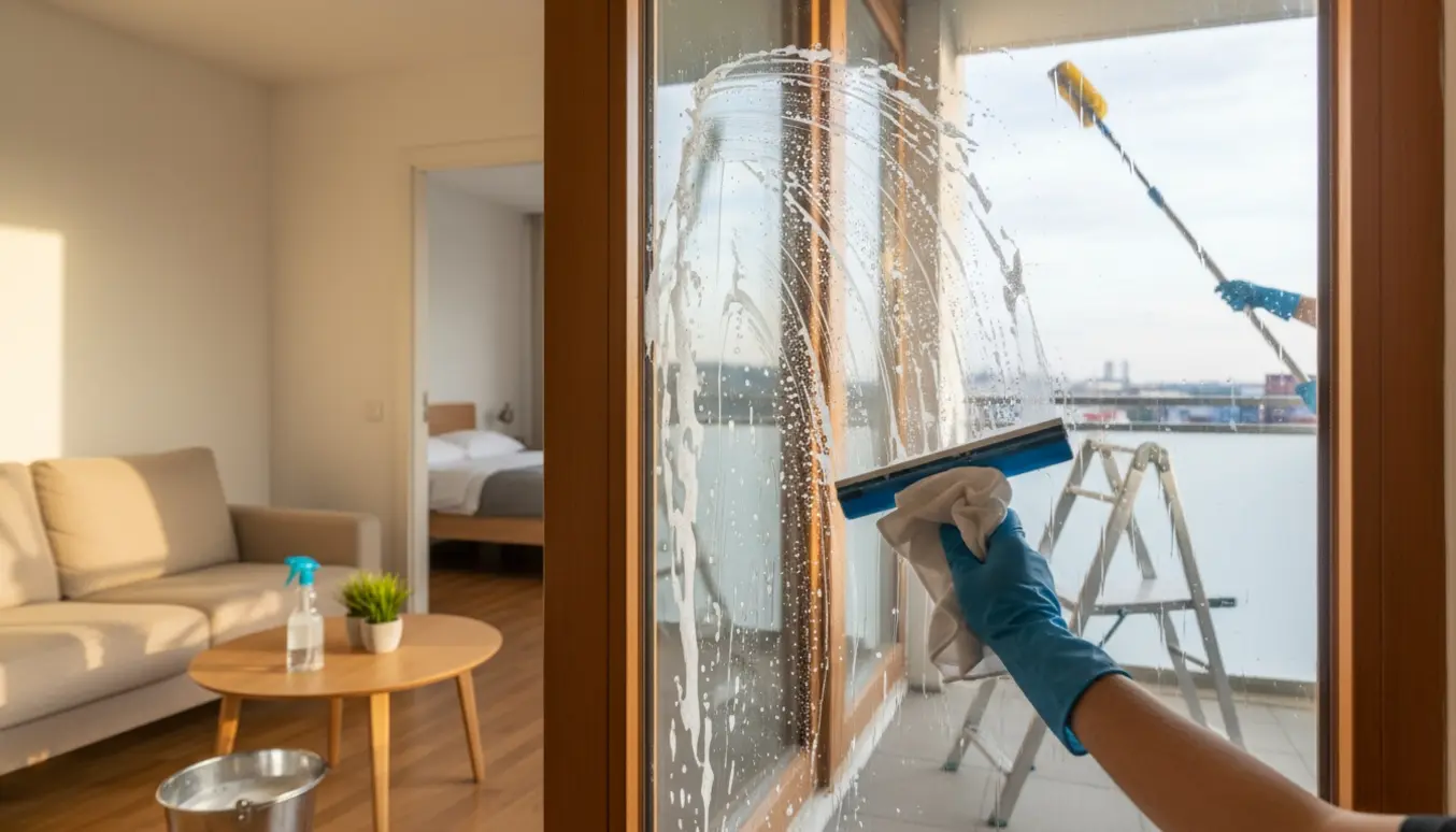 Hænder pudser en stor altanvindue i en toværelses lejlighed med sække, svamp og vinduesskraber.
