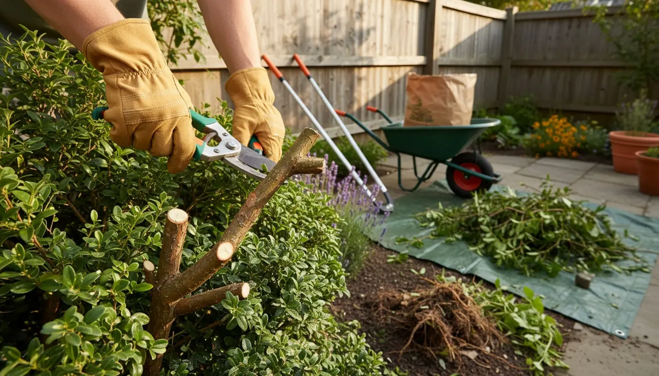 Hænder beskærer en kraftig busk med sekatør og fjerner ukrudt i en soloplyst have.