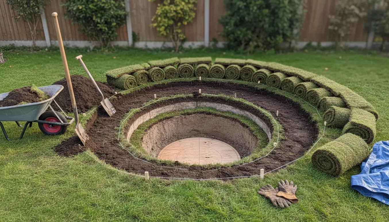 Rundt udgravet hul til trampolin i haven med skovle, trillebør og bunker af fjernet græstørv.