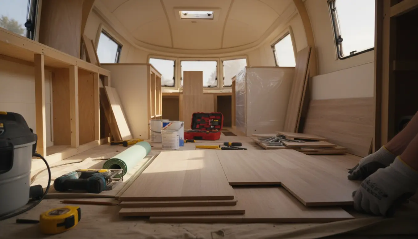 Indvendig renovering af en lille campingvogn med nyt laminatgulv og værktøj klar til montering.
