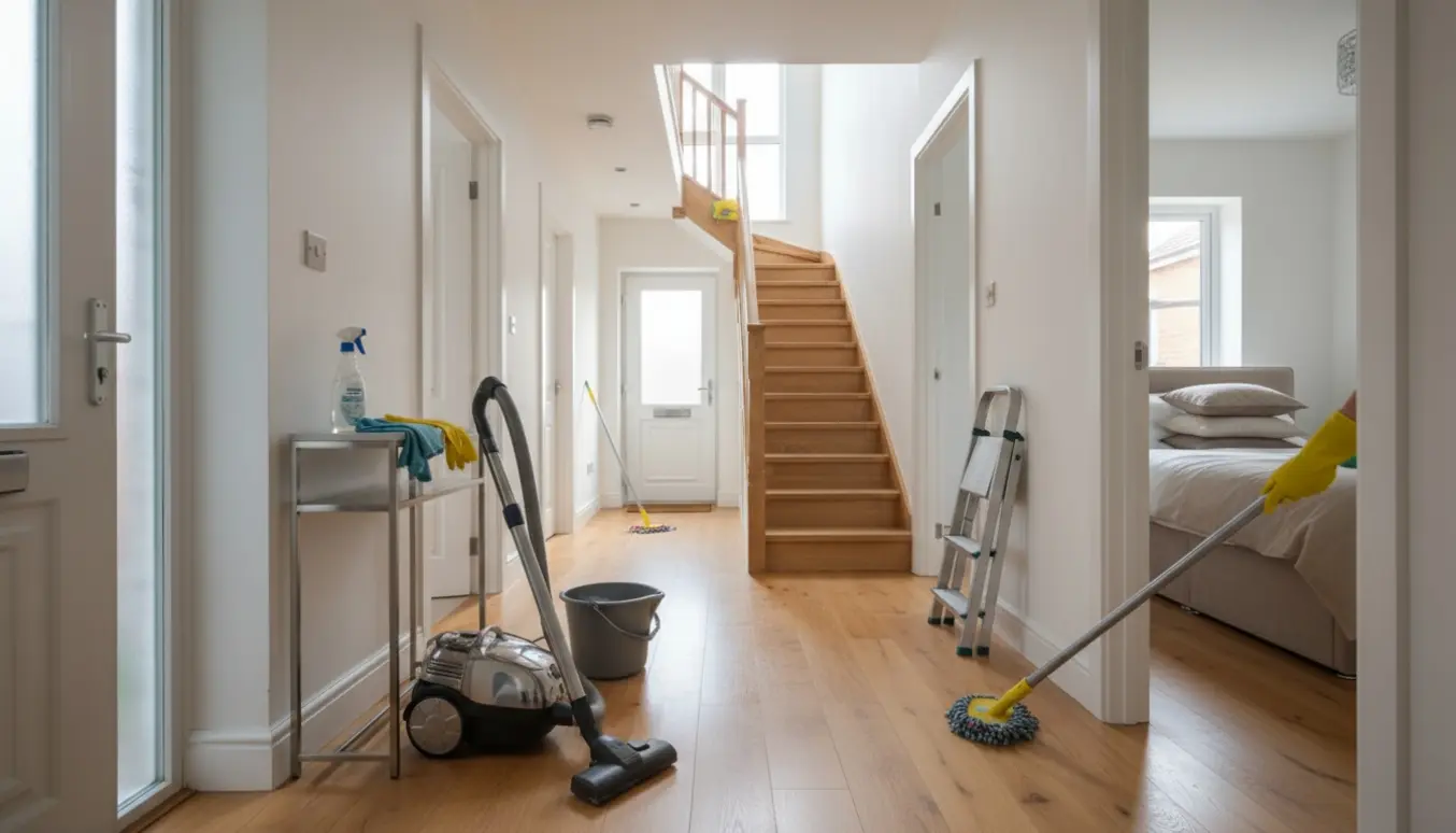 Interiør af et to-etagers rækkehus under rengøring med støvsuger, moppe og åben trappe.