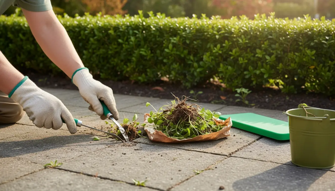 Hænder i handsker fjerner ukrudt mellem fliser og langs en klippet hæk.