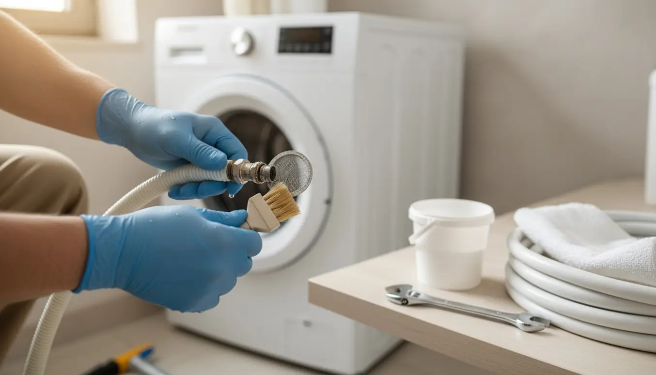 Nærbillede af hænder, der renser vandtilførselsslange og filter på en vaskemaskine med spand og værktøj.